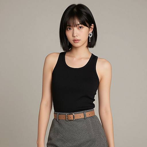 Photograph of an Asian woman with a short black bob, wearing a black sleeveless top, gray high-waisted skirt, brown belt, and