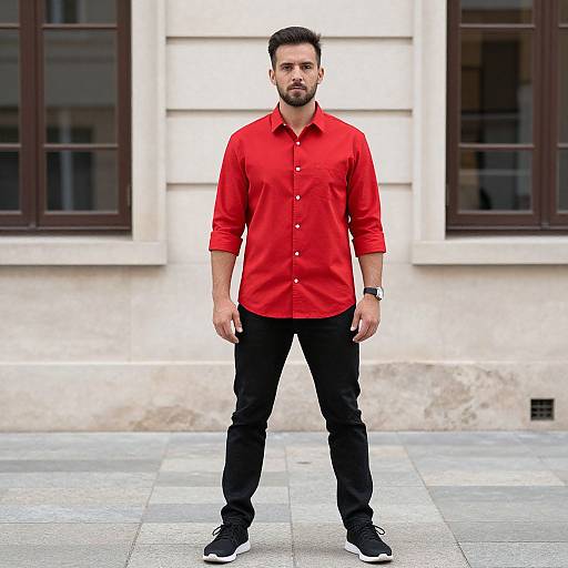 Man in Red Shirt by Building