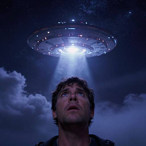 Photograph of a man with short, dark hair and blue eyes looking up at a glowing, saucer-shaped UFO against a night sky with clouds.