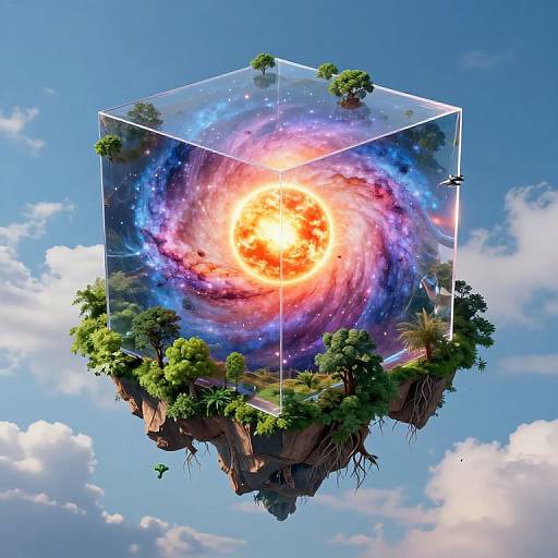 Digital artwork of a transparent cube containing a swirling, colorful galaxy with a bright sun at the center, surrounded by floating trees on a rock platform, set