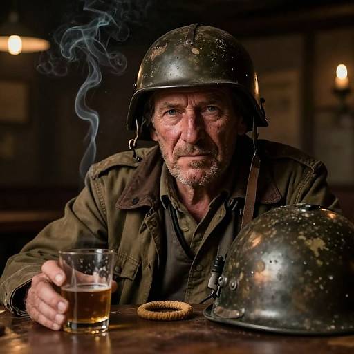 Photograph of an older, weathered man in a worn steel helmet, holding a glass of whiskey with smoke rising, seated at a dimly lit