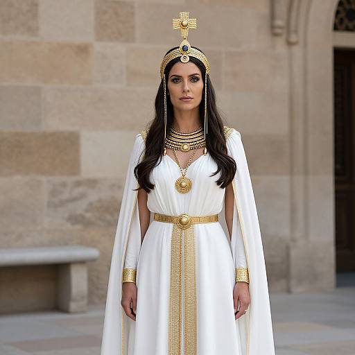 Photograph of a dark-haired woman in an Egyptian-style white gown with gold accents, cross headpiece, and jewelry, standing in front of a stone