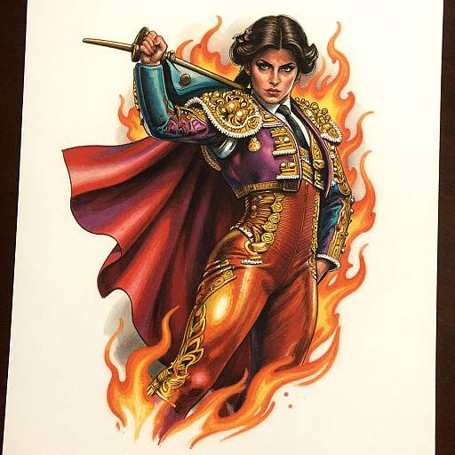 Digital comic art of a fierce, dark-haired woman in ornate, gold-embroidered red and purple suit, holding a sword, surrounded by