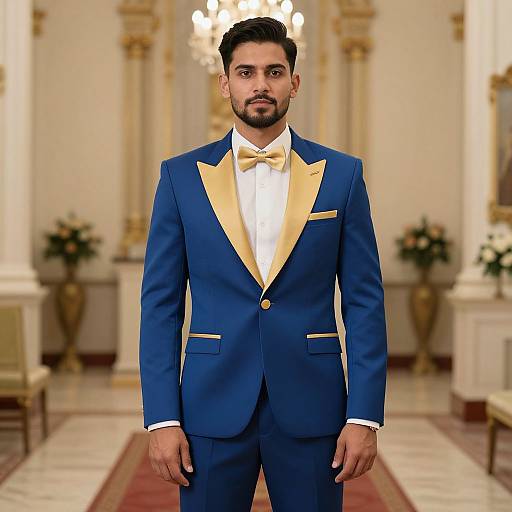 Photograph of a handsome man with dark hair and beard, wearing a blue tuxedo with yellow lapels and bow tie, standing in an op