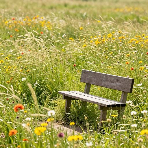 Photograph of a wooden bench in a sunlit meadow filled with tall grass and colorful wildflowers, including yellow, red, and white blooms.