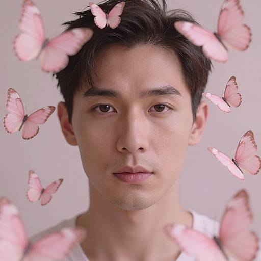 Photograph of an East Asian man with short black hair and neutral expression, surrounded by pink butterflies against a light gray background.