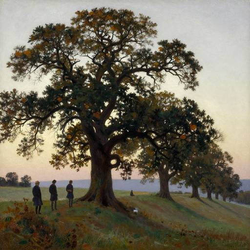 Photorealistic painting of sunset scene with silhouetted people walking under large, shadowed oak trees on a grassy hill. Soft, past