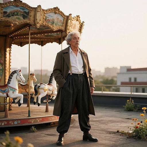 Retired Circus Acrobat on Rooftop Carousel