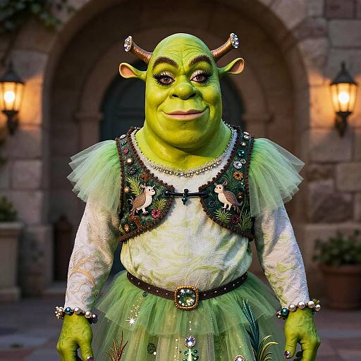 Photograph of a green-skinned, horned, elf-like character in a detailed, fairy-tale dress with sequins, tulle, and