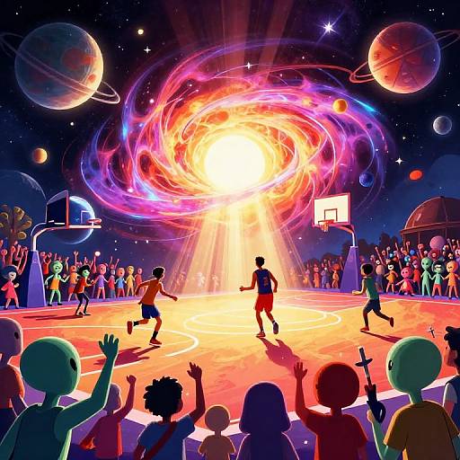 Colorful digital illustration of a basketball game in outer space, featuring a bright, swirling galaxy backdrop, planets, cheering crowd, and silhouetted