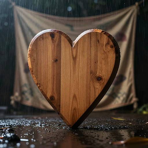 Wooden Heart in Rainy Surreal Scene