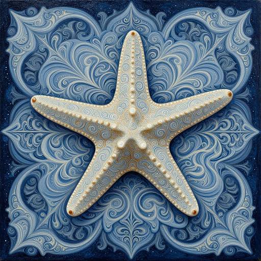 Digital illustration of a white, patterned starfish centered on a blue, swirling, ornate background with starry texture.