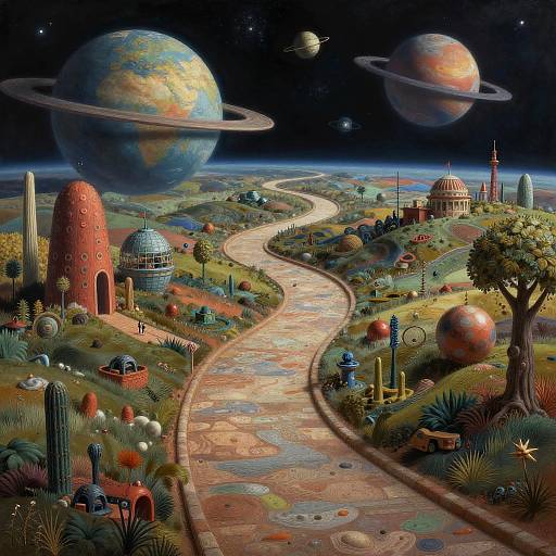 Vibrant, surreal digital artwork of an alien landscape featuring colorful planets, domed buildings, a winding river, and fantastical flora under a star