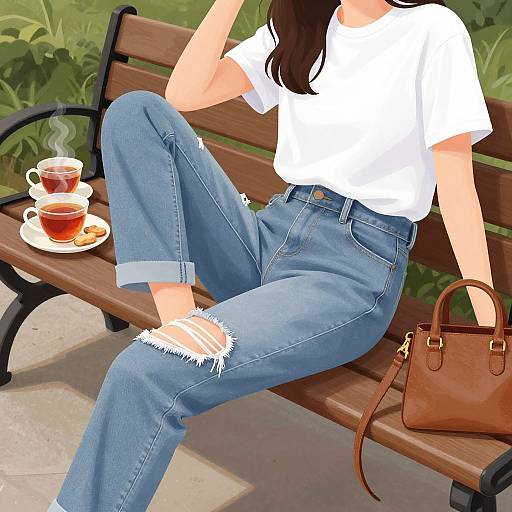 Digital illustration of a woman in a white tee and ripped blue jeans, sitting on a wooden bench with a brown handbag, tea cup, and sa
