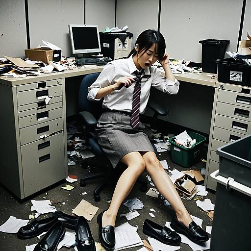 Daydreaming Office Worker in Messy Cubicle