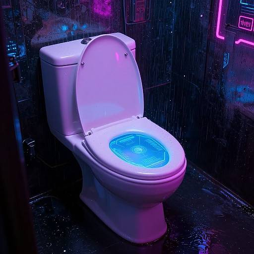 Neon-lit, futuristic bathroom: White toilet with glowing blue seat, illuminated in rain, against a black, neon-accented wall. Cyber