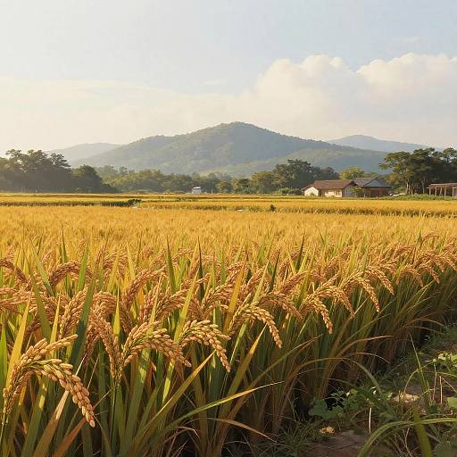 Golden Rice Field with Mountain Background