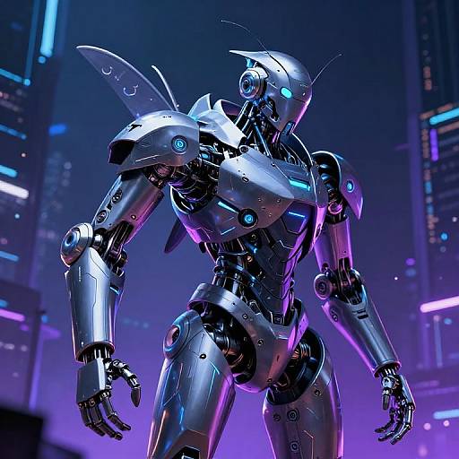 Futuristic Insectoid Robot in Cyberpunk Cityscape