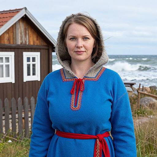 Photograph of a fair-skinned woman with brown hair in a blue, embroidered dress with red belt, standing in front of a wooden coastal cottage,