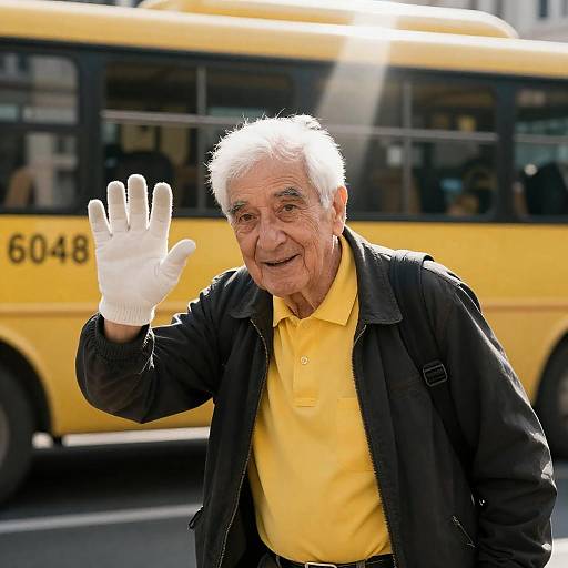 Elderly Man Waving by Yellow Bus