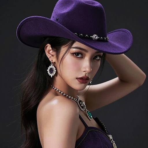 Elegant Woman in Purple Cowboy Hat and Jewelry