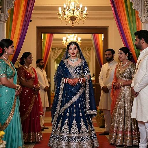 Photograph of an Indian wedding ceremony: bride in black and gold traditional dress, surrounded by guests in colorful attire, under a chandelier.