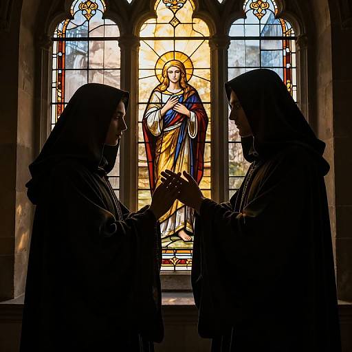 Photograph of two silhouetted robed figures facing each other, hands touching, in front of a colorful stained glass window depicting a haloed