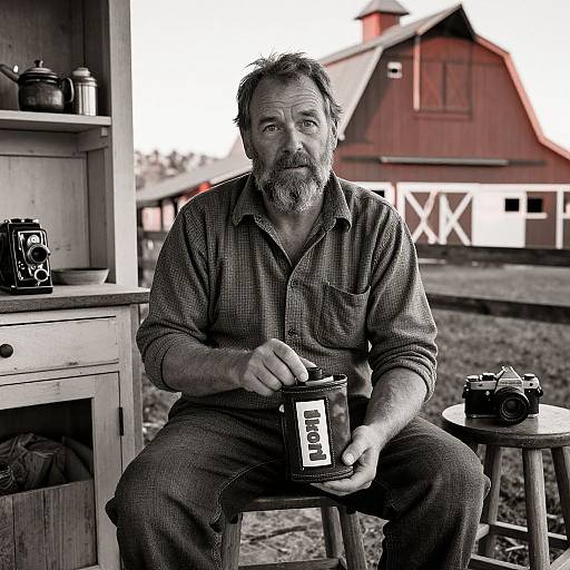 Photograph of a middle-aged bearded man with gray hair, wearing a checkered shirt, holding a coffee mug, sitting outdoors by a wooden table