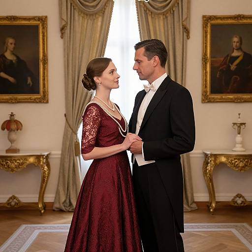 Photograph of a couple in formal attire, standing in an elegant, classical room with ornate curtains and framed portraits. She wears a burgundy lace