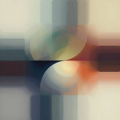 Abstract digital art with overlapping, translucent color blocks in white, blue, red, and yellow, creating a layered, geometric effect.