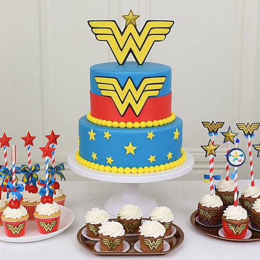 Photograph of a blue and red Wonder Woman-themed cake with yellow stars, topped with a large yellow W emblem, surrounded by star-topped cupcakes and