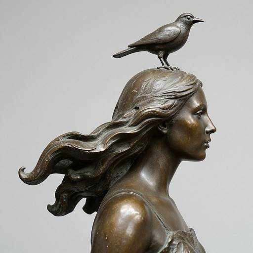 Bronze sculpture of a young girl with flowing hair, wearing a sleeveless top, with a bird perched on her head.