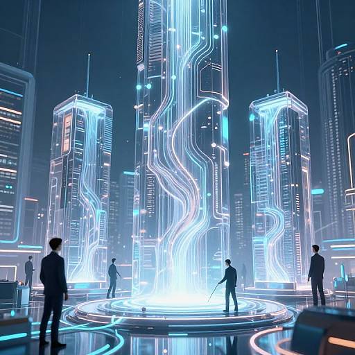 Digital CGI artwork of a futuristic cityscape with glowing blue and white neon lights, featuring four silhouetted figures around a central illuminated structure.