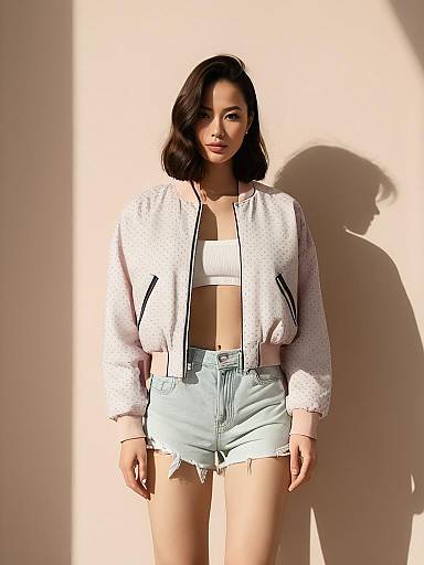 Young Woman in Light Purple Bomber Jacket and Denim Shorts