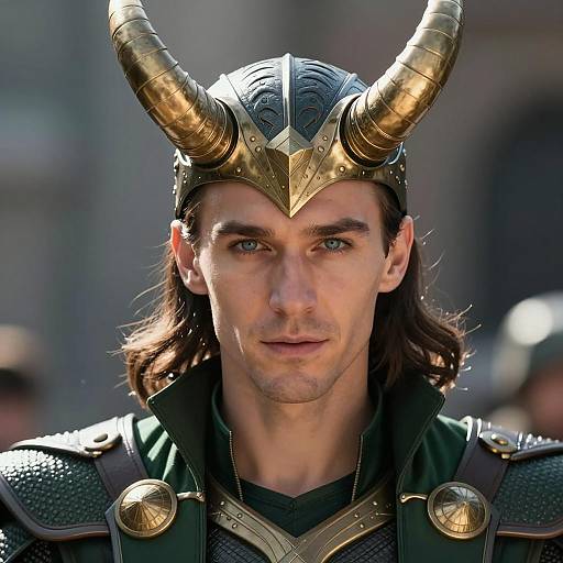 Man in Loki Asgard Costume with Horned Helmet