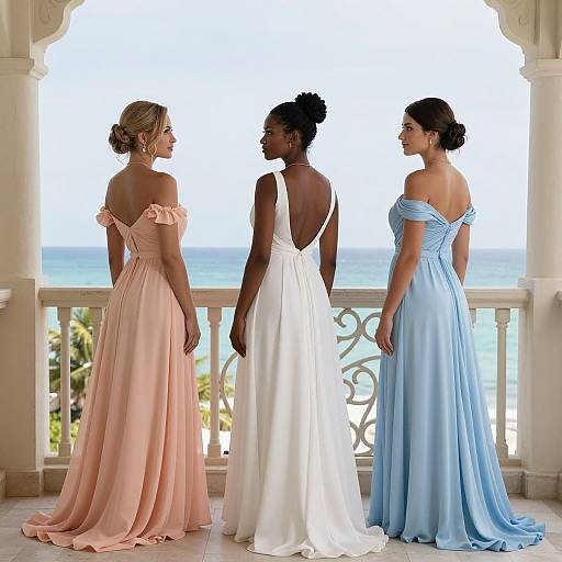 Photograph of three women in elegant, off-shoulder gowns facing ocean view: left in pink, center in white, right in blue.