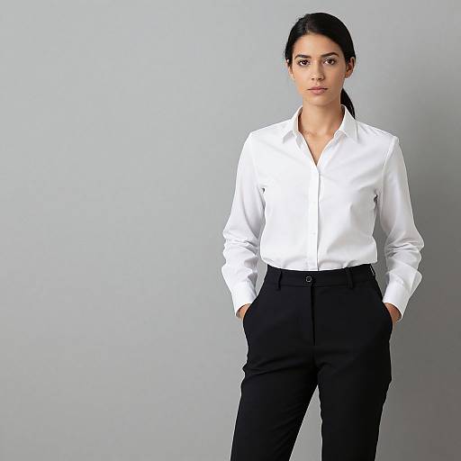 Photograph of an Asian woman with dark hair in a ponytail, wearing a white button-up shirt and black pants, standing against a plain gray wall