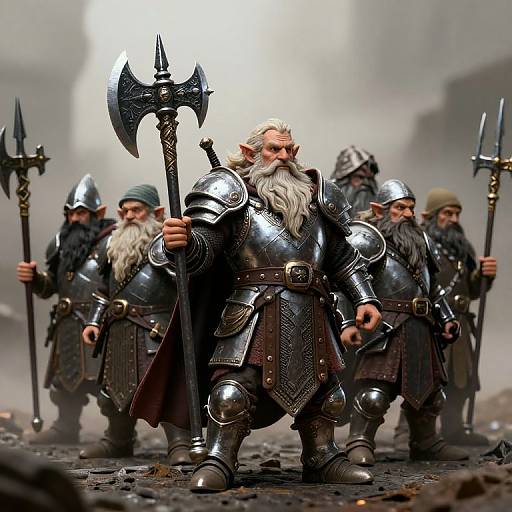 CGI image of a muscular, bearded, armored Viking warrior with a large axe, flanked by four other armored warriors in a foggy,