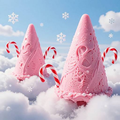 Photorealistic CGI of two pink ice cream cones with intricate designs, surrounded by snow, red-and-white candy canes, and snowflakes.