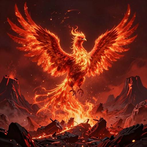 Digital art of a fiery, majestic phoenix with outstretched wings, soaring over a volcanic landscape with mountains and lava flows.