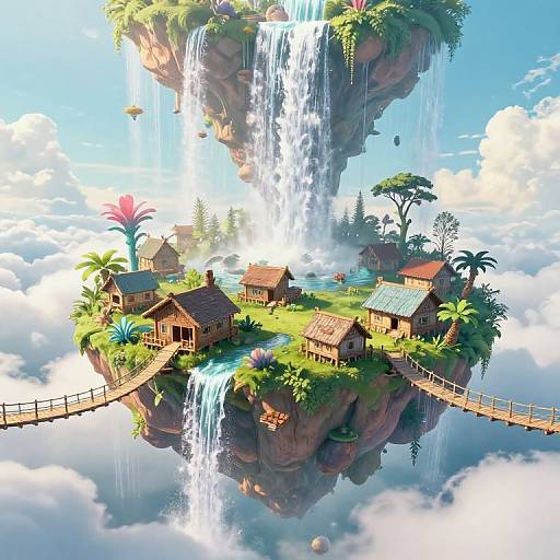 Fantastical digital artwork of a floating island with rustic wooden houses, lush greenery, a waterfall, and a bridge, set against a bright blue