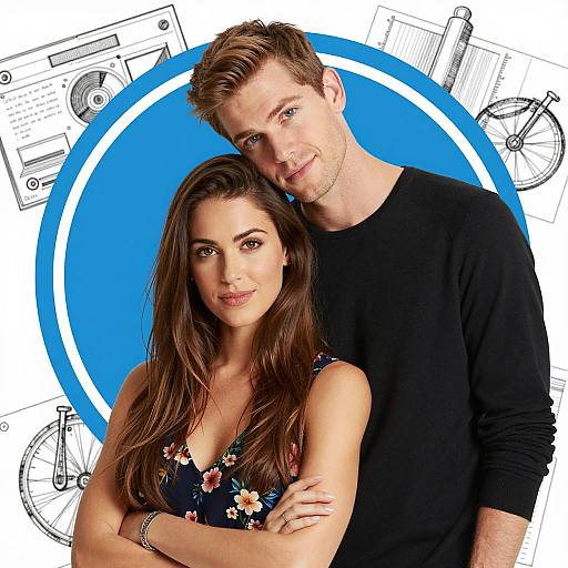 Young couple portrait with blue circular background