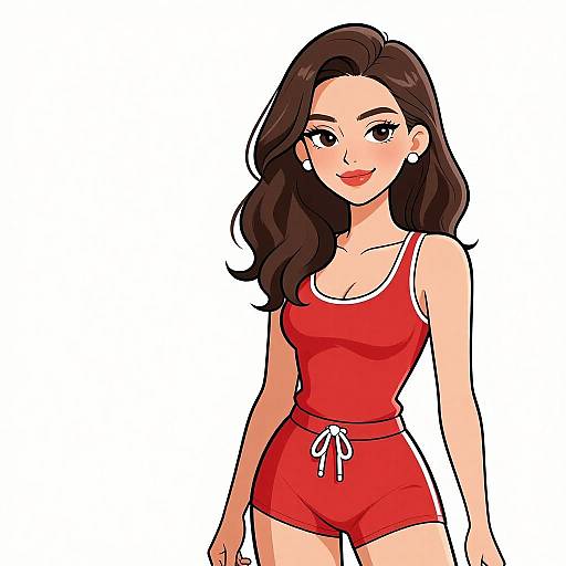 Digital illustration of a smiling woman with long brown hair, wearing a red tank top and matching shorts with white trim.