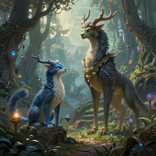 Fantasy forest scene: Blue, fox-like creature with glowing eyes gazes at antlered, dragon-like creature with glowing necklace. Luminous