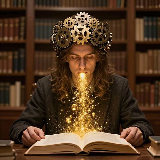 Photograph of a long-haired man in a black robe, wearing a crown of golden gears, reading an open book with sparks emanating from his mouth