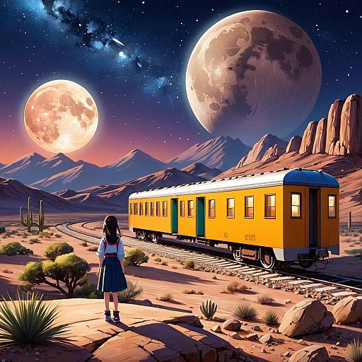 Girl Watching Yellow Train Under Twin Moons in Desert Landscape