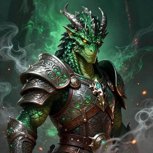 Digital art of a muscular, green-scaled dragon warrior with glowing yellow eyes, wearing ornate silver armor with green gemstones, set against a sm