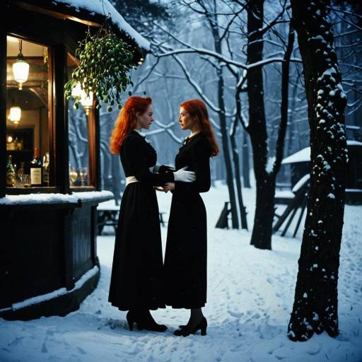 Two Redheaded Women Meeting Under Mistletoe in Snowy Forest