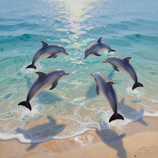 Photograph of five dolphins leaping out of clear, turquoise ocean waves onto a sandy beach, casting shadows on the shore.