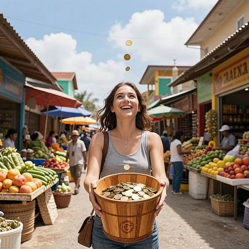 Photograph of smiling woman in striped tank top, holding wooden bucket with coins, standing in vibrant, colorful outdoor market.